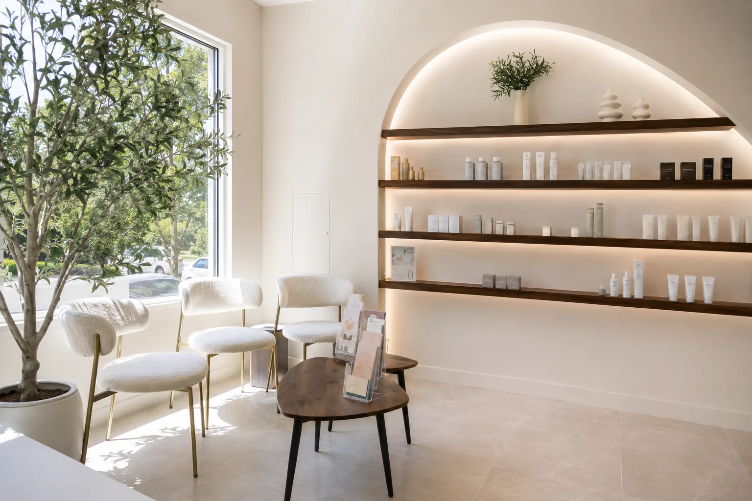 A treatment room in an aesthetic clinic: two armchairs, a low table, and shelves of product along the back wall.