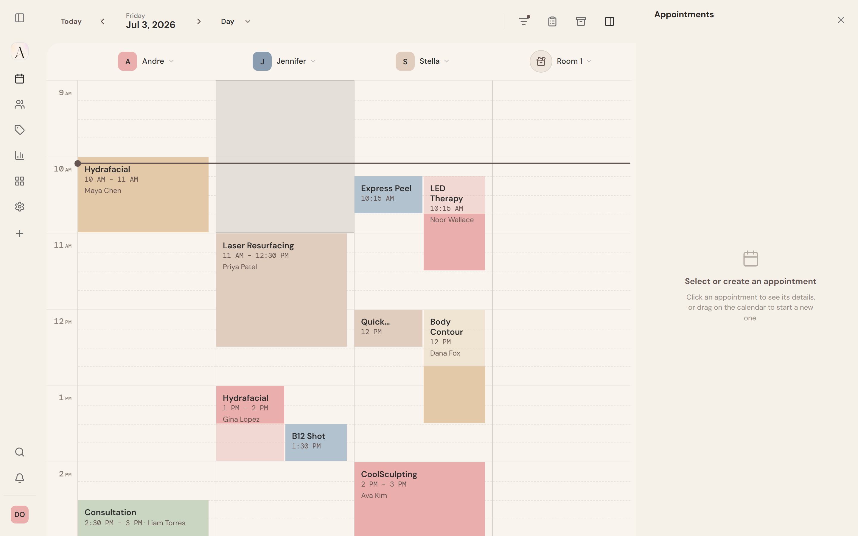 The Anyura day calendar with the Appointments panel open.